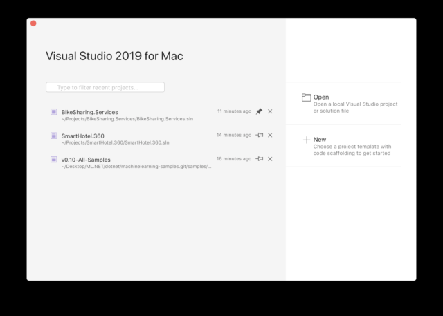 Visual Studio 2019 for Mac welcome screen.