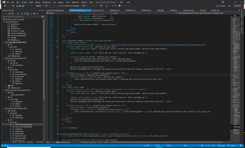 OK, so Visual Studio's always gonna look like Visual Studio. But the eagle-eyed will spot a few differences. There's the menus-in-title bar at the top. There's the message "No issues found" in the status bar, showing that background code analysis has found no problems with my code. Bottom left, to the left of the "Ready" text, is the new background task status indicator that provides more information about things like scanning code to build IntelliSense information. There's a (not visible) GitHub tab in the Solution Explorer panel that's used for the new Pull Request integration. And, of course, there's the Live Share button top right.