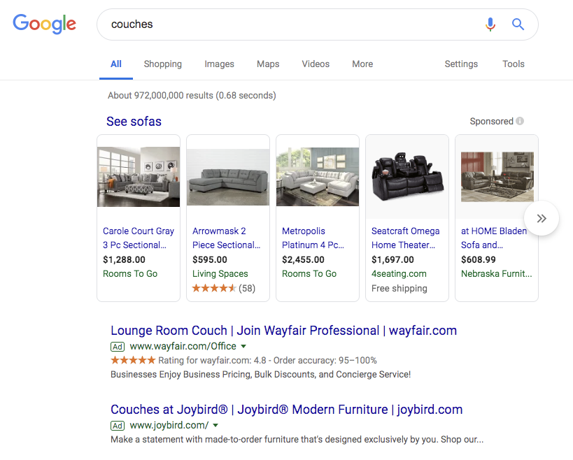 Screenshot example of an average position listing in Google SERP