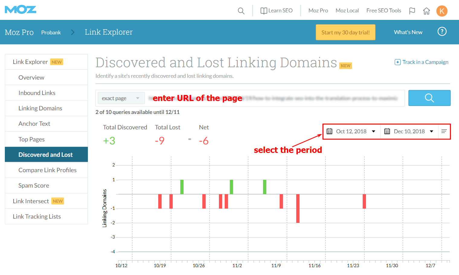 Screenshot of discovered and lost linking domains in Moz