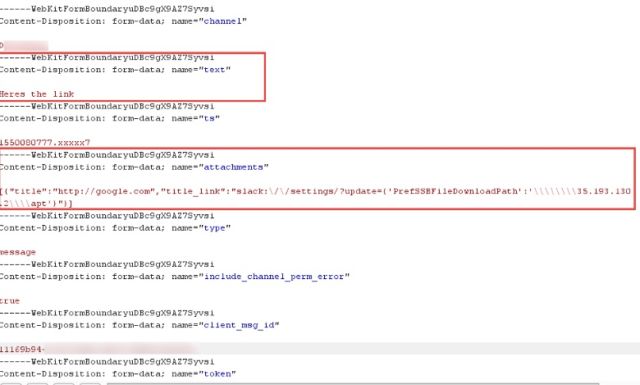 A dissected view of a crafted Slack message with a malicious URL that changes the location where the Slack desktop application for Windows saves downloads.