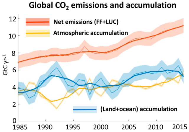 Of the CO<sub>2</sub> humans emit by burning fossil fuels or clearing forests, some goes into the oceans and land ecosystems (blue line) while the rest stays in the atmosphere (yellow line).
