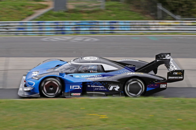 Romain Dumas at the wheel of the VW ID R electric car on the Nürburgring Nordschleife.