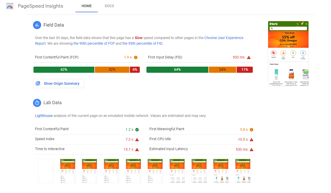 Screenshot of PageSpeed Insights dashboard