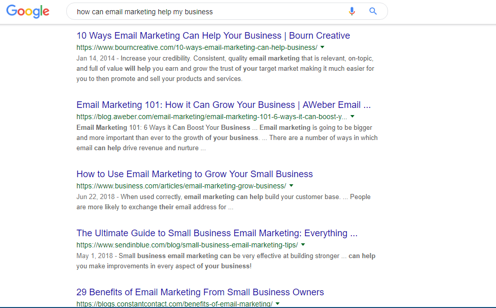 screenshot example of Google SERP for search query "how can email marketing help my business?"