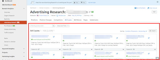 screenshot of competitor ad copies seen in the SEMrush tool