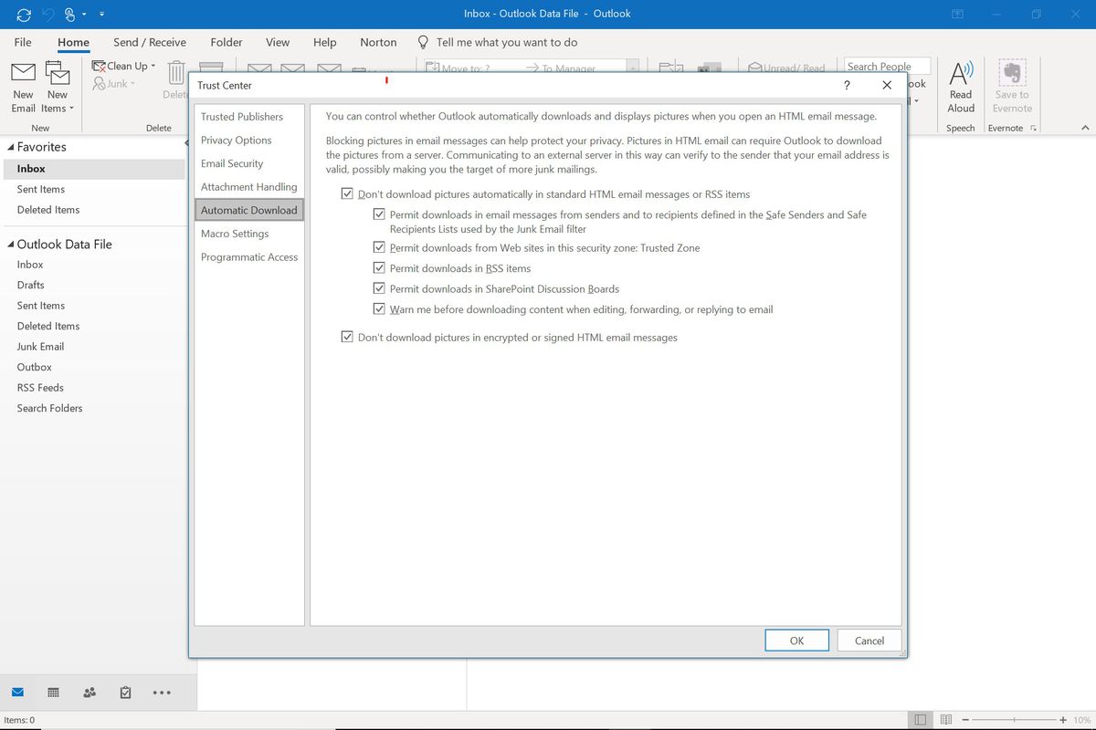 Disable image autoloading in Microsoft Outlook 
