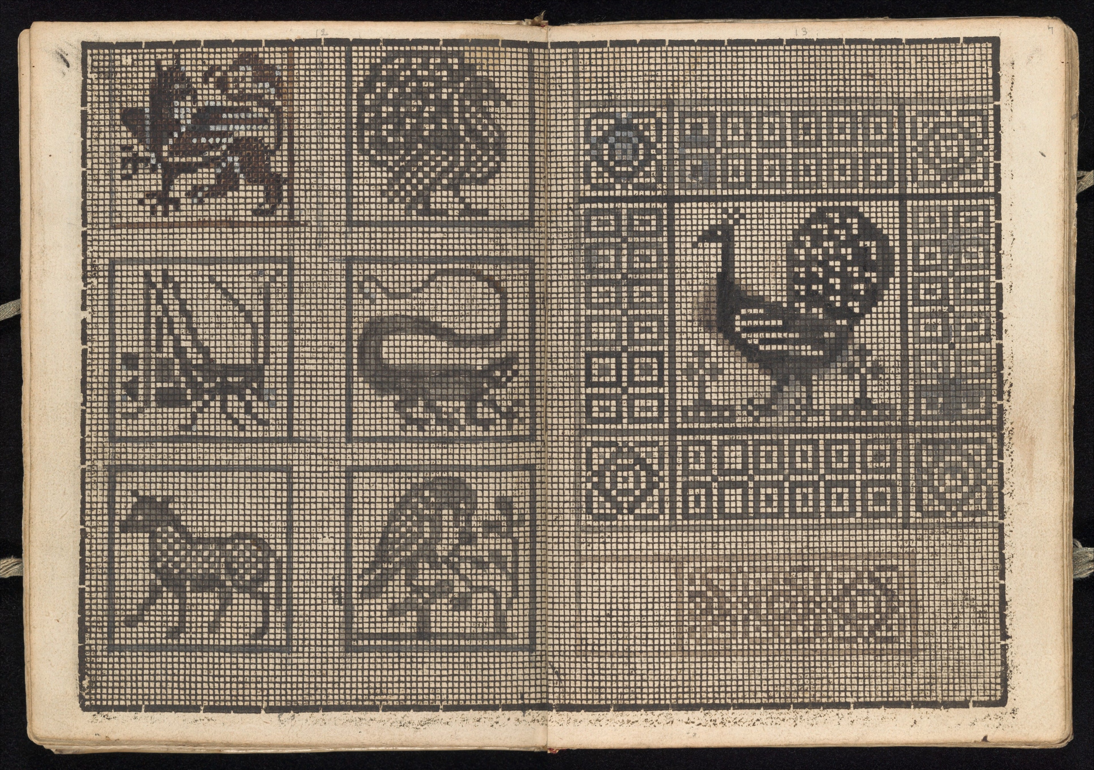 A printed grid with pen and ink designs. c. 1596. Source: The Met.
