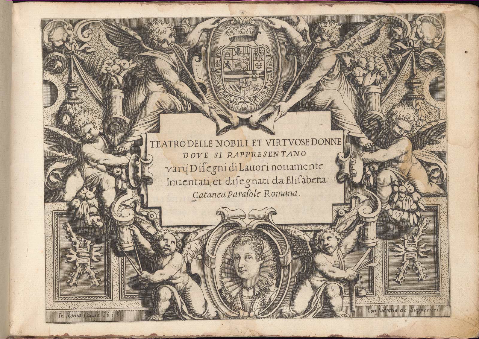 Engraved title-page from Isabella Parasole’s 1616 lace patterns and techniques book, published in Rome by Mauritio Bona.
