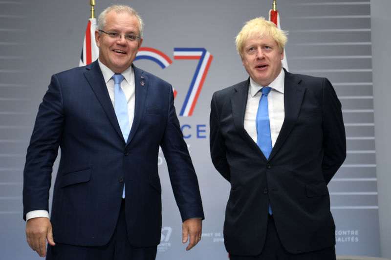 Australian Prime Minister Scott Morrison (left) with British Prime Minister Boris Johnson during this weekend's G7 summit in France. The Australian government announced the new censorship proposal in conjunction with the gathering.