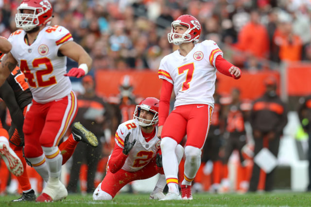 Maybe Peyton Manning would call him an "idiot kicker," but to others it's more like "occasional fantasy football hero" and Kansas City Chiefs place kicker Harrison Butker (7).