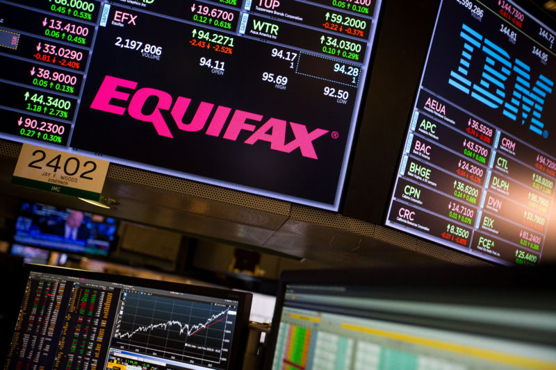 A monitor displays Equifax Inc. signage on the floor of the New York Stock Exchange (NYSE) in New York on Friday, September 15, 2017.