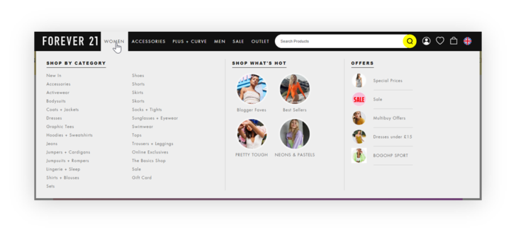 example of forever 21 good site navigation to main pages