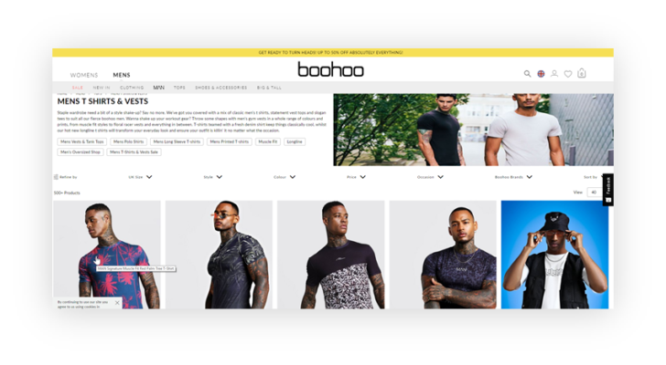 boohoo example of bad site navigation, how one poorly sized image affects UX of whole page