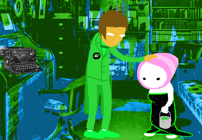 Webcomic creator Andrew Hussie broke the fourth wall repeatedly within many of his creations. Here, he drew himself next to a person named "Ms. Paint," a play on the fact that his creations were part of the "MS Paint Adventures" collection. 