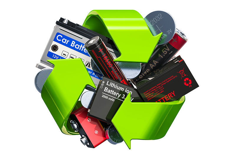 Image of batteries superimposed on a recycling graphic.