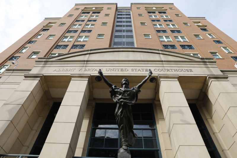The Blind Justice statue standing outside of District Court in Alexandria, Virginia, U.S., on Thursday, Aug. 16, 2018.