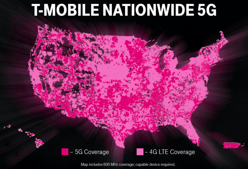 T-Mobile's coverage map shows that huge parts of the US are covered by 4G but not 5G.