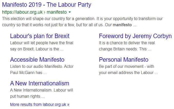 UK elections Manifesto Labour party Google SERP rich links