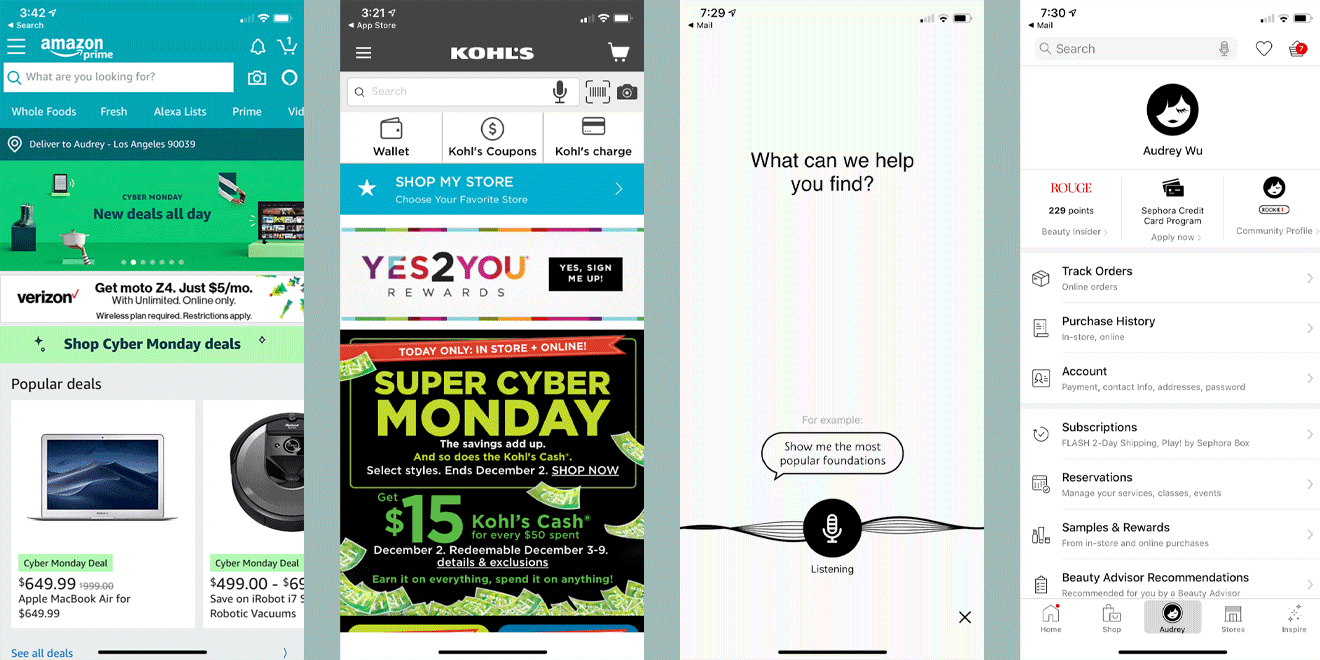 four images of screenshots of deals on a phone