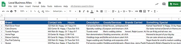 Screenshot of local business allies spreadsheet
