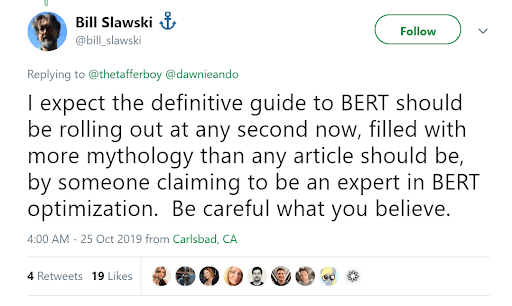 Bill Slawski's tweet about BERT being one of the big SEO trends in 2020