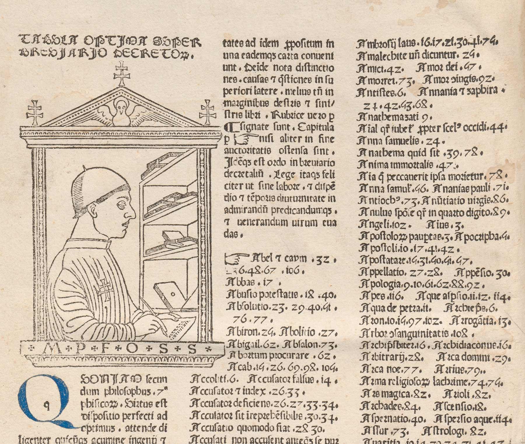 The opening page with the tabula or index and a woodcut of the author, Paolo Attavanti (the first to appear in a printed book)