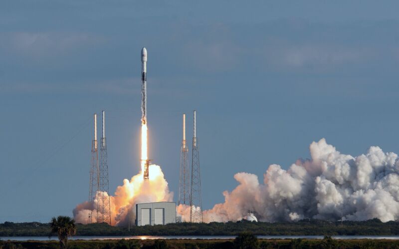 A SpaceX Falcon 9 rocket launching into the sky.