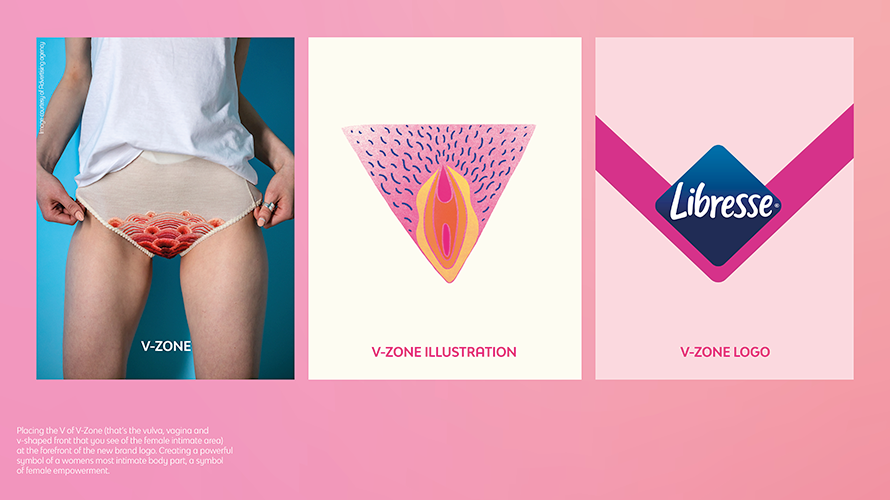 a woman in red stained underpants on the left, a vulva, a new logo shaped like a v on the right
