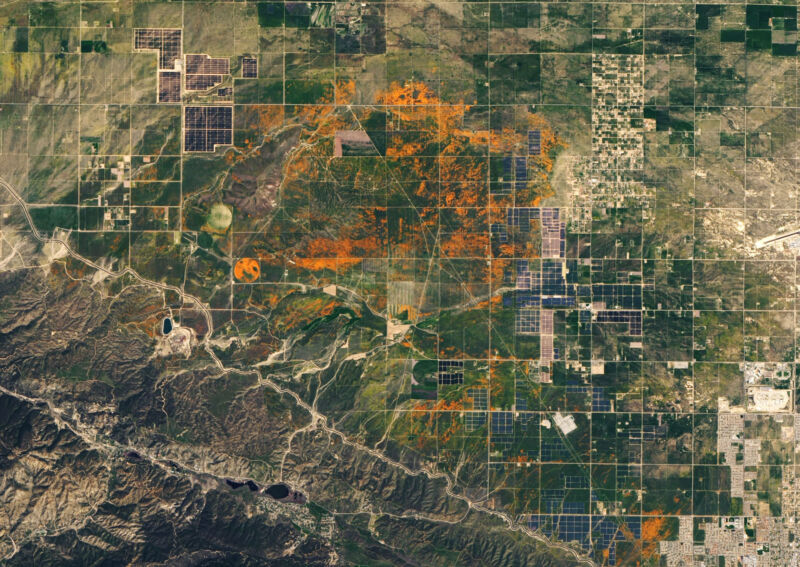 Let's start with something nice... check the orange popping out of this April 14 satellite image of the Antelope Valley California Poppy Reserve.