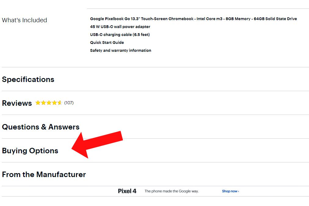 Best Buy page listing for the Google Pixelbook Go