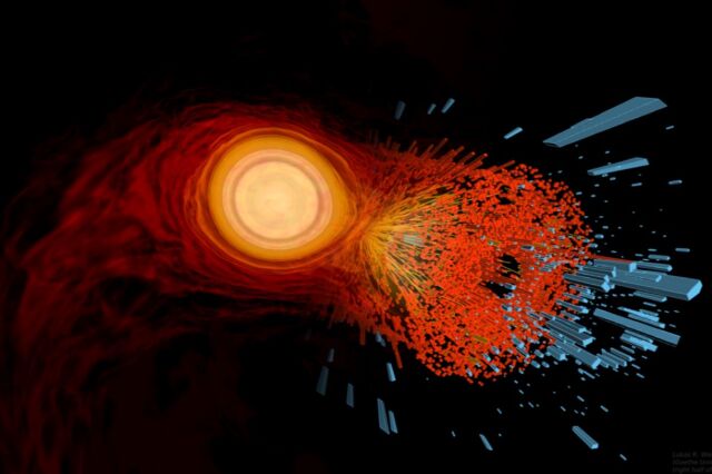Montage of the computer simulation of two merging neutron stars that blends over with an image from heavy-ion collisions to highlight the connection of astrophysics with nuclear physics.