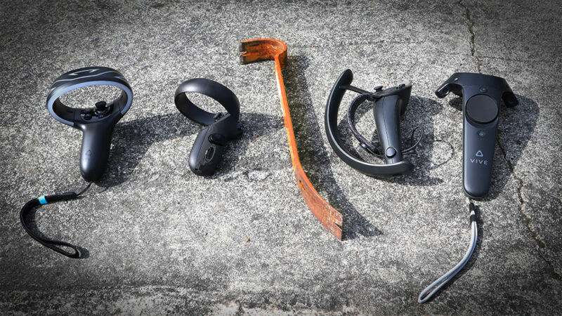 An array of VR devices lined up on concrete.