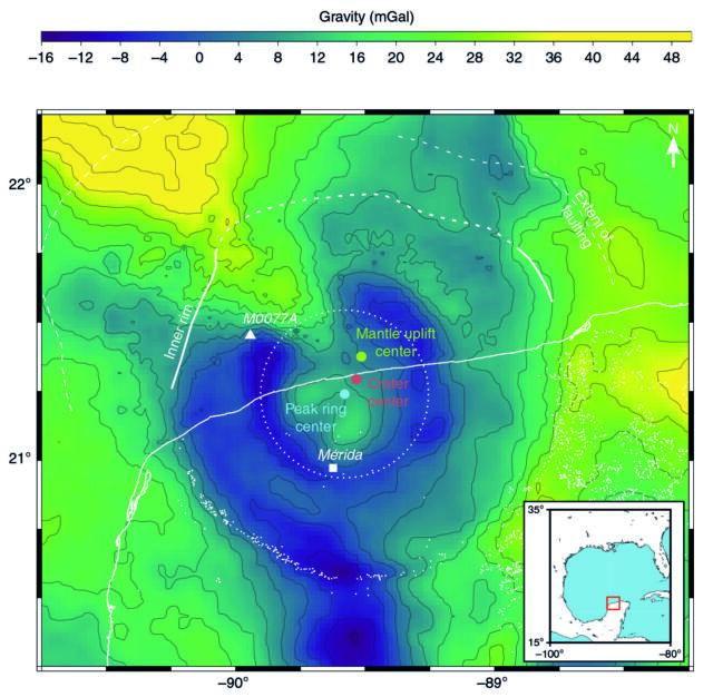 The colors here show differences in precise measurements of gravity. The three key points are labeled in the middle.