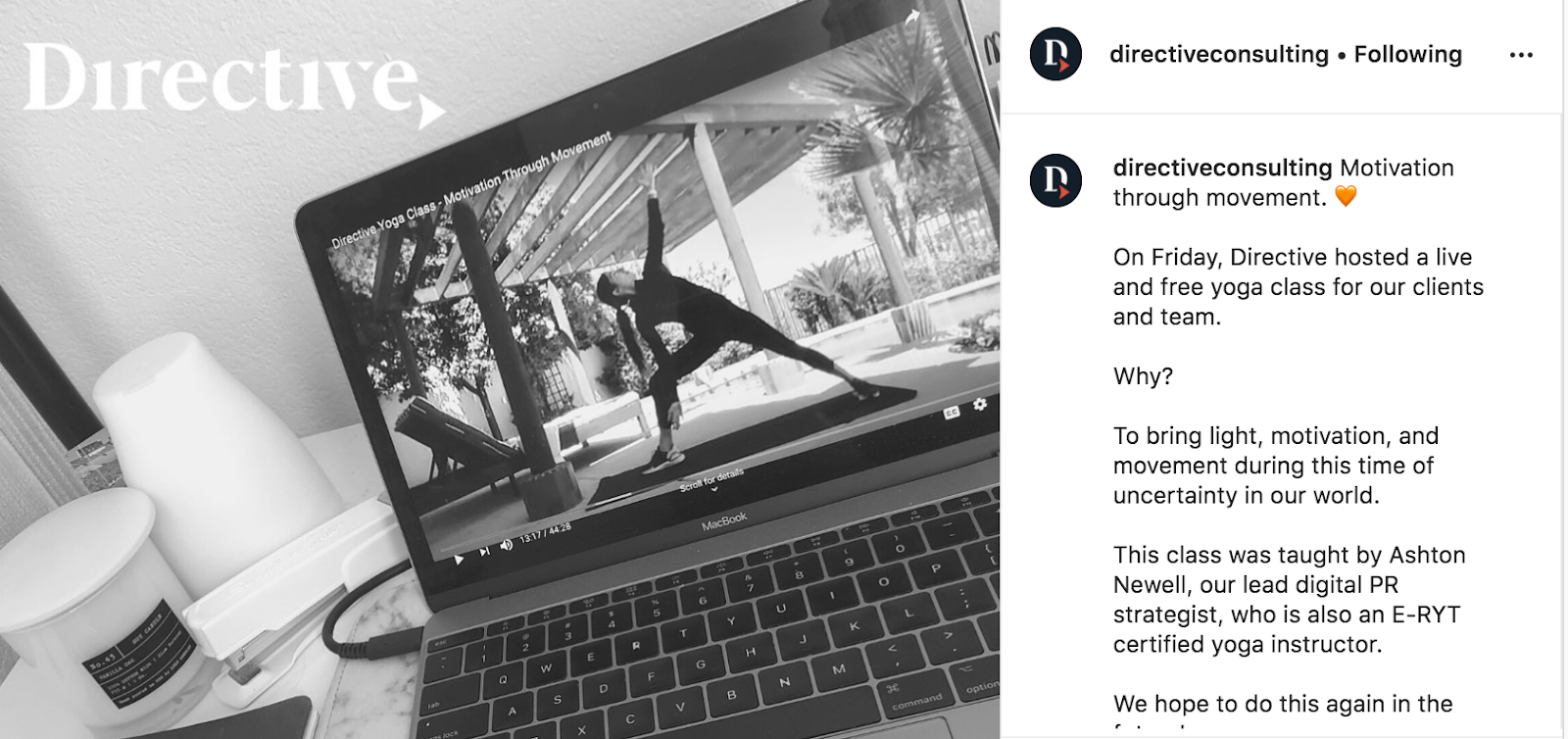 Directive - Ashton Newell hosts YouTube live yoga session to encourage employee wellbeing