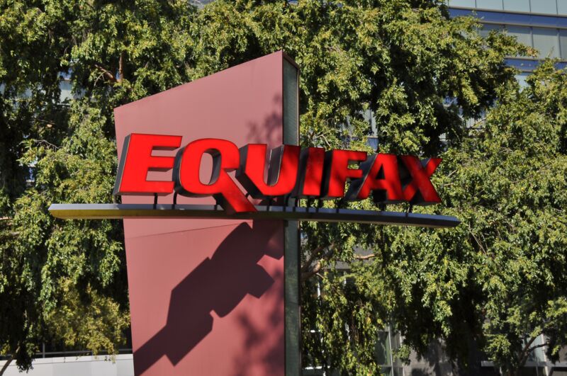 Equifax corporate logo on an outdoor sign.