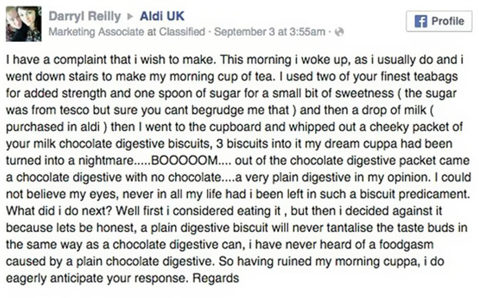 negative comment from Aldi customer