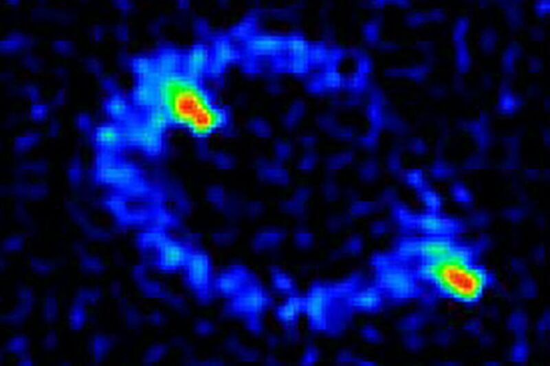 A radio image of MG 1131+0456, the first observed Einstein ring, taken with the Very Large Array network of radio telescopes.