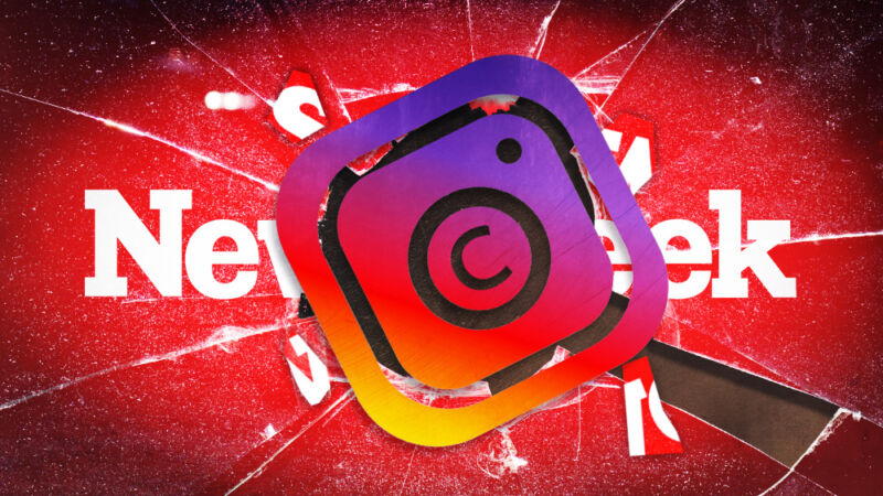 The Instagram logo smashes the Newsweek logo.