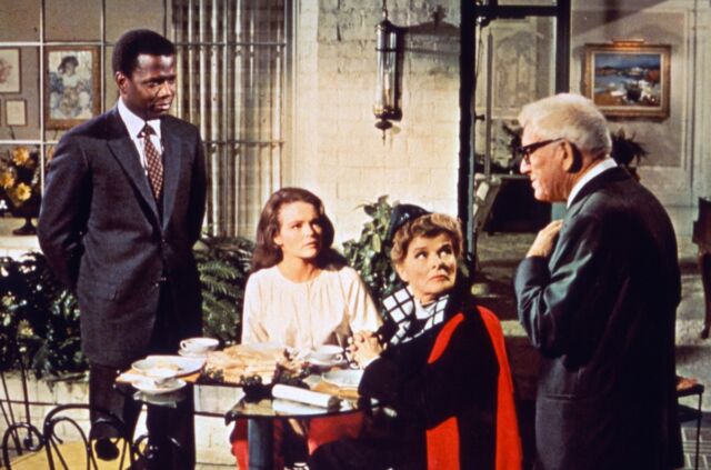 Sidney Poitier, Katharine Houghton, Katharine Hepburn, and Spencer Tracy starred in <em>Guess Who's Coming to Dinner</em>