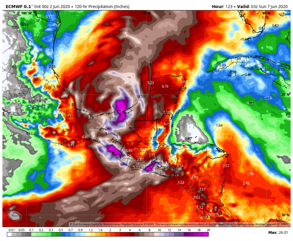 European model forecast rainfall totals for now through Saturday.