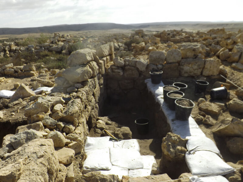 Excavation site in Middle Eastern desert.