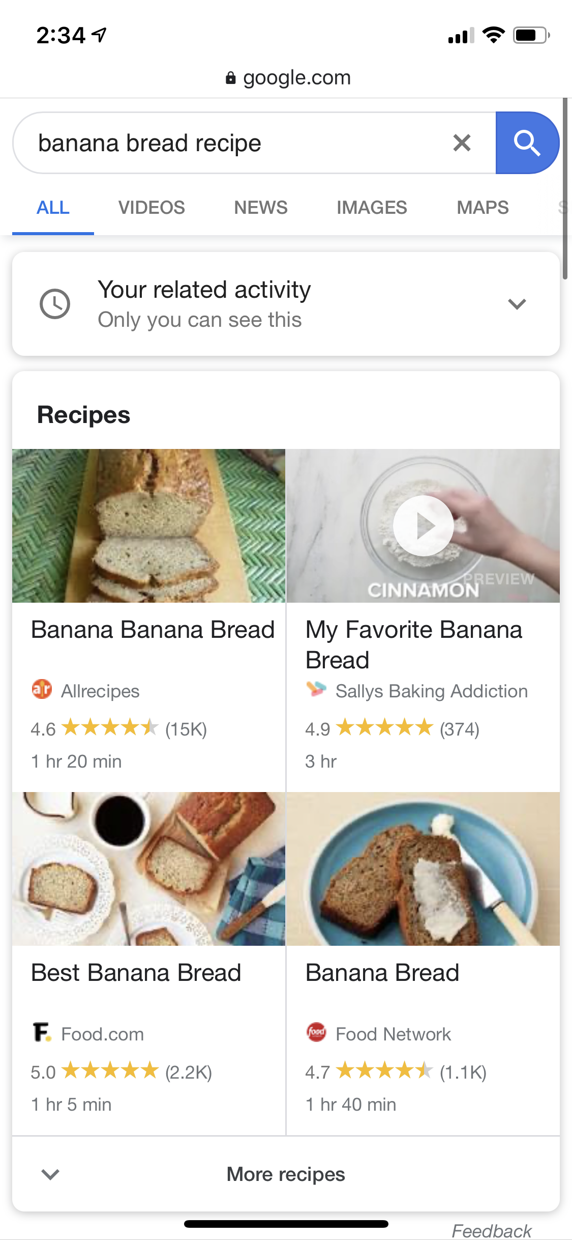 google search for recipes