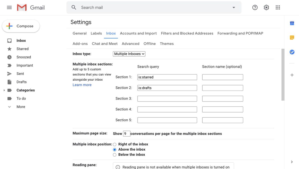 Multiple inbox settings