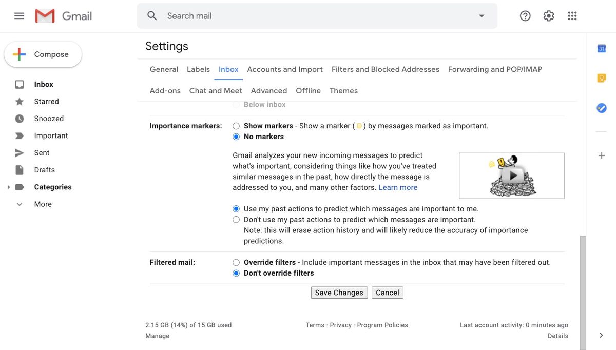 Filtered mail settings