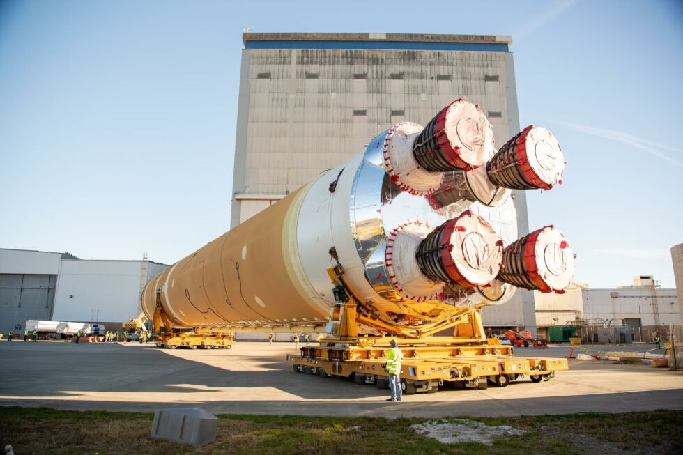 Boeing moved the core stage of its Space Launch System rocket from Michoud Assembly Facility in January, 2020.