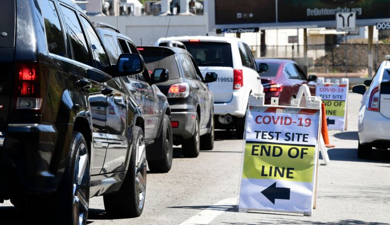 Vehicles make their way to a COVID-19 test site in Los Angeles, California, on July 21, 2020. California on July 21 reported a total of 400,769 COVID-19 cases since the pandemic began, approaching the numbers of New York, the state with the most cases. 