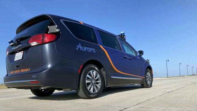 This Chrysler Pacifica is part of Aurora's Dallas test fleet.