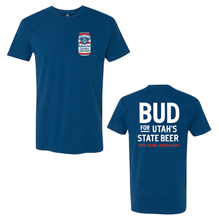 two blue t-shirts: front is a budweiser can on the top right and the back says bud for utah's state beer vote using #Bud4Utah