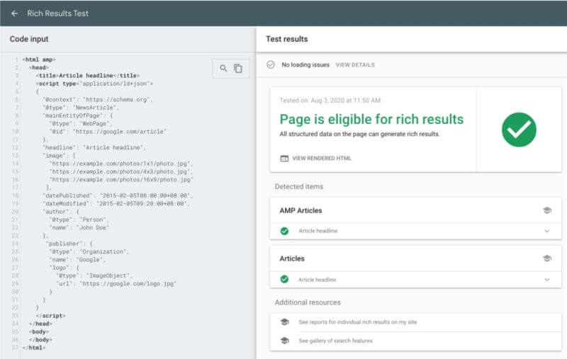 Google's rich results test tool now supports article structured data.
